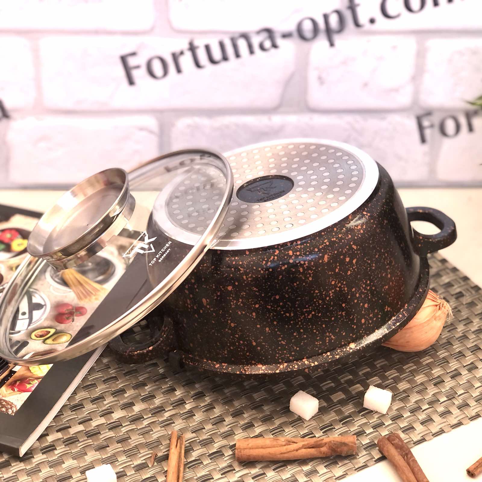 Кастрюля-казан Top Kitchen черный в оранжевую точку мрамор 5,7 л -(28 см) TК 00053 ✅ базовая цена $22.51 ✔ Опт ✔ Скидки ✔ Заходите! - Интернет-магазин ✅ Фортуна-опт ✅