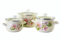 Набор сферических эмалированных кастрюль "6926" Цветочная вуаль молочная 2,5л/3,5л/5,0л со стеклянной крышкой ➜ Оптом и в розницу ✅ актуальная цена -Интернет магазин ✅ Фортуна ✅