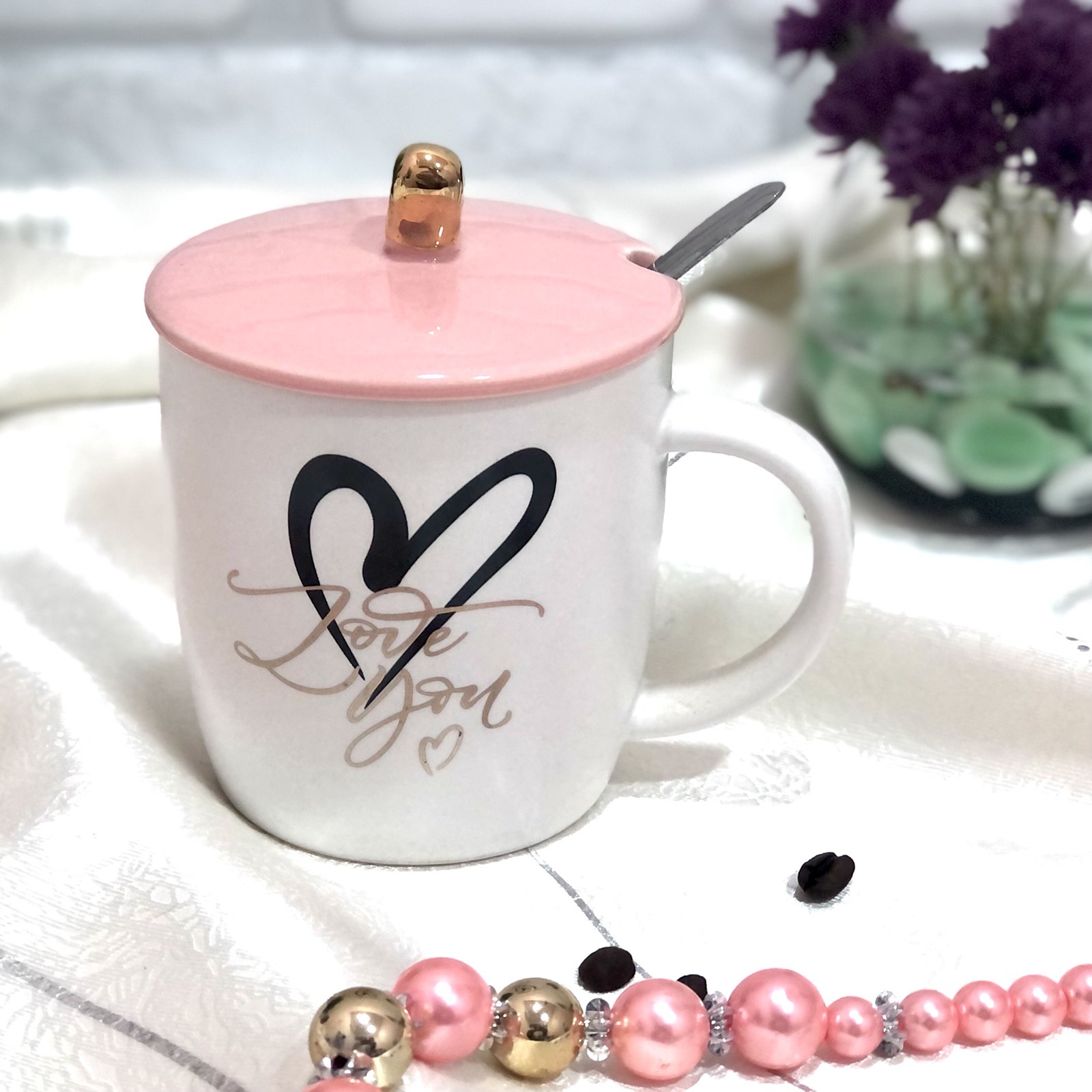 Чашка керамическая с крышкой и ложкой 400 мл "Love" Stenson - 00223 ✅ базовая цена $4.10 ✔ Опт ✔ Скидки ✔ Заходите! - Интернет-магазин ✅ Фортуна-опт ✅