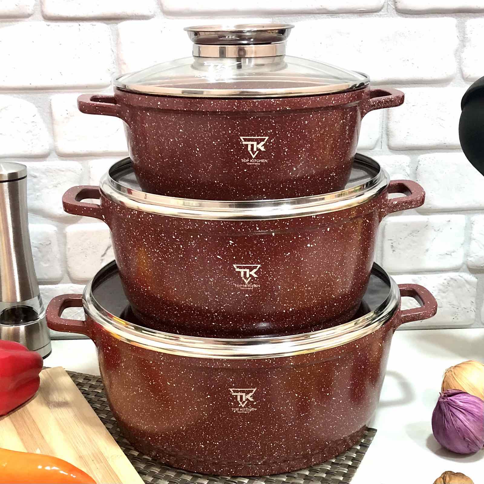 Набор посуды с мраморным покрытием бордо Top Kitchen TK 00021 ✅ базовая цена $51.68 ✔ Опт ✔ Скидки ✔ Заходите! - Интернет-магазин ✅ Фортуна-опт ✅