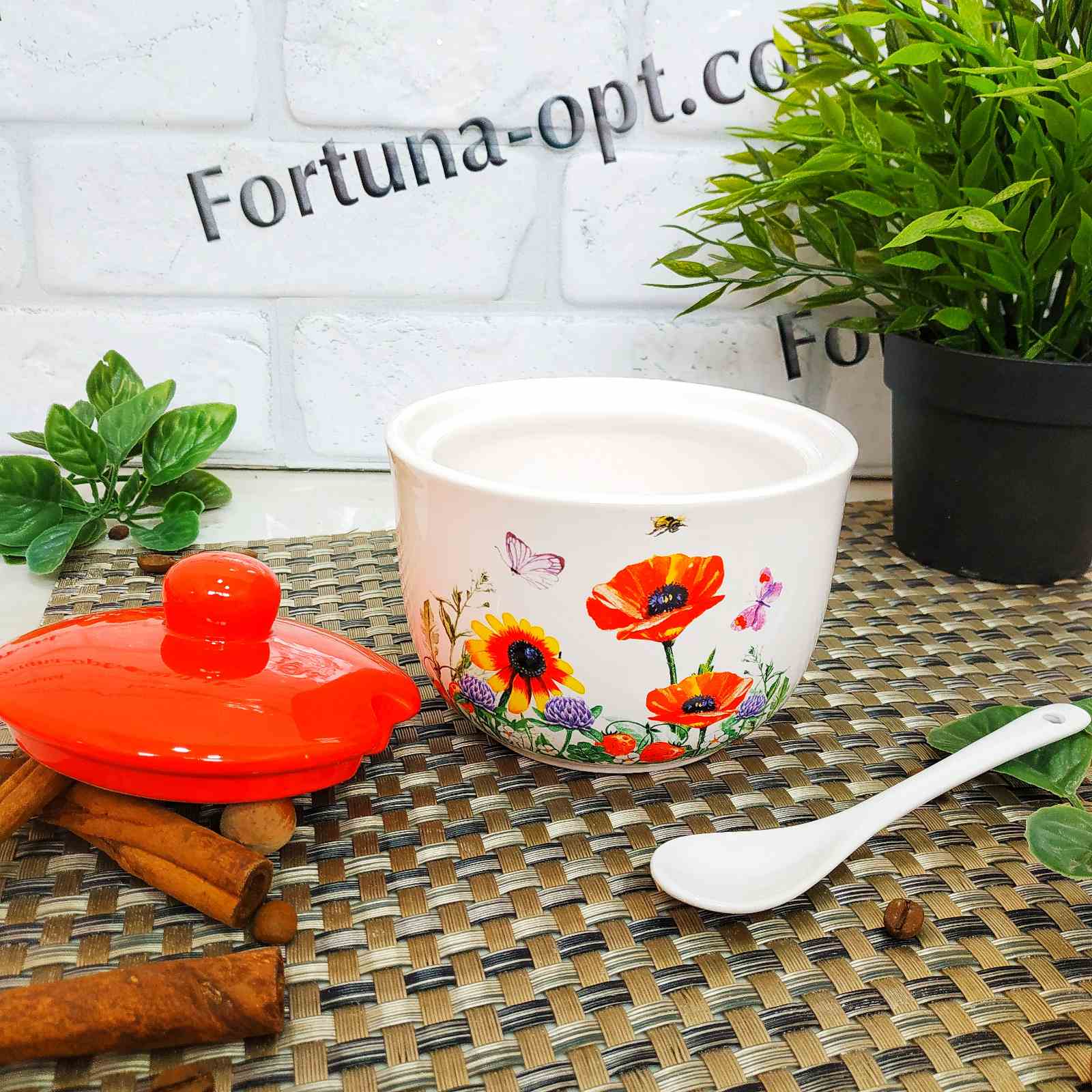 Сахарница керамическая с ложкой 450 мл Полевой мак (d-11см, h-7см) 2242-5 ✅ базовая цена 109.27 грн. ✔ Опт ✔ Скидки ✔ Заходите! - Интернет-магазин ✅ Фортуна-опт ✅