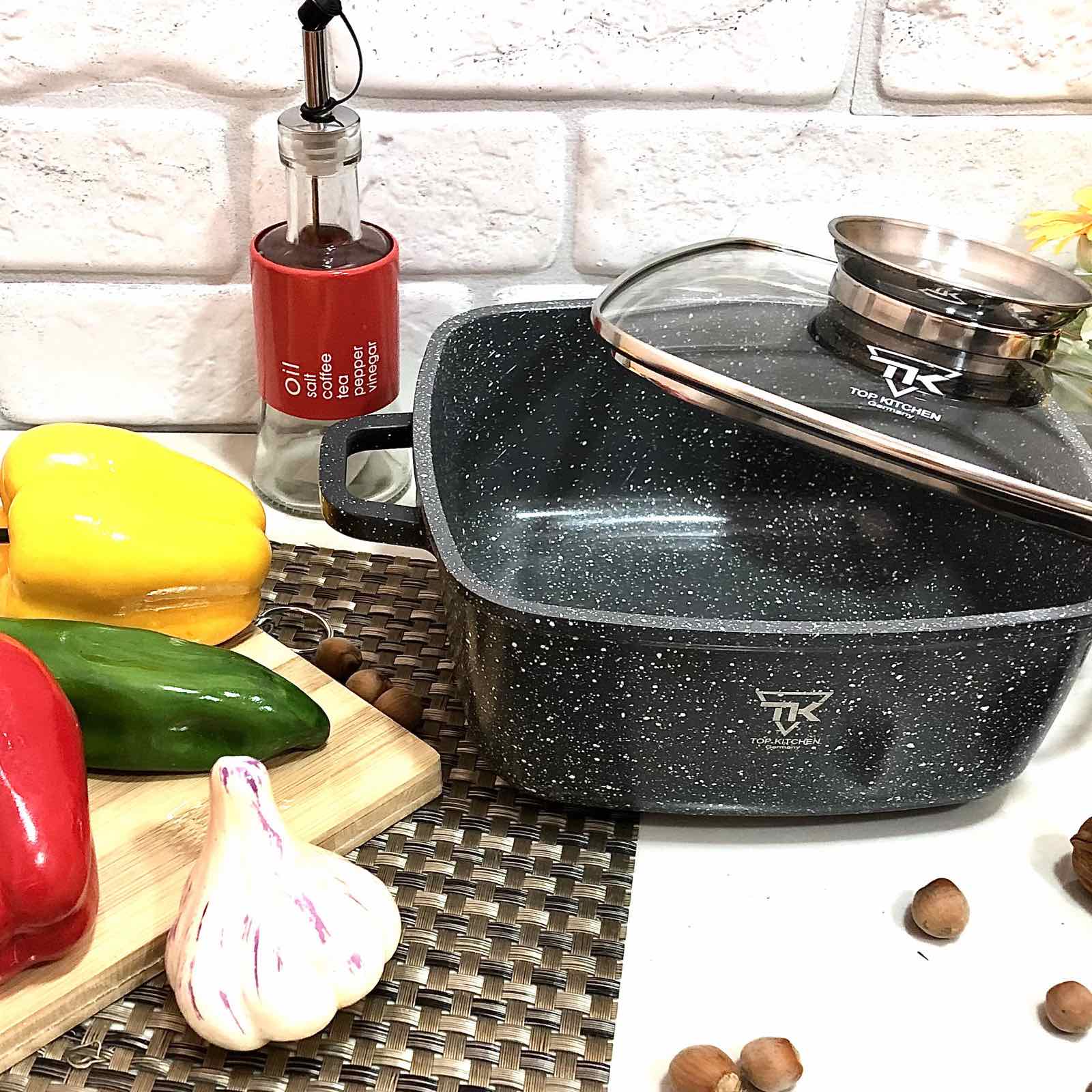 Кастрюля - казан квадрат Top Kitchen черный в белую точку мрамор 2,7 л - (20 см) TК 00054 ✅ базовая цена $18.01 ✔ Опт ✔ Скидки ✔ Заходите! - Интернет-магазин ✅ Фортуна-опт ✅