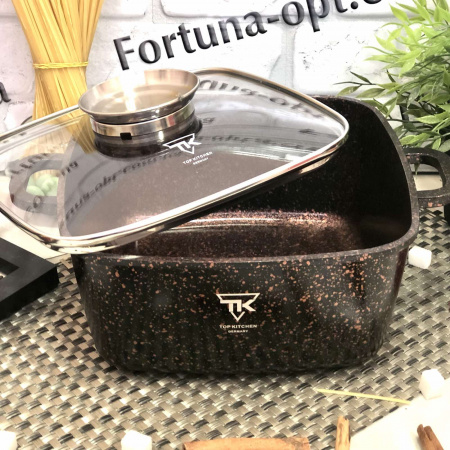 Кастрюля - казан квадрат Top Kitchen черный в оранжевую точку мрамор 4,5 л - (24см) TK 00055 ✅ базовая цена $20.84 ✔ Опт ✔ Скидки ✔ Заходите! - Интернет-магазин ✅ Фортуна-опт ✅