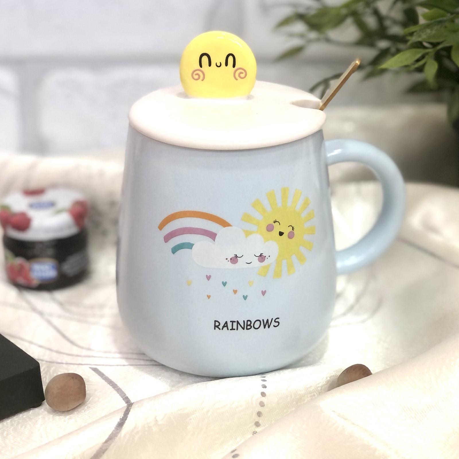 Чашка керамическая с крышкой и ложкой 450 мл "Be Heppy" Stenson - 88532 ✅ базовая цена $5.27 ✔ Опт ✔ Скидки ✔ Заходите! - Интернет-магазин ✅ Фортуна-опт ✅