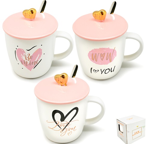 Чашка керамическая с крышкой и ложкой 400 мл "Love" Stenson - 00223 ✅ базовая цена $4.10 ✔ Опт ✔ Скидки ✔ Заходите! - Интернет-магазин ✅ Фортуна-опт ✅