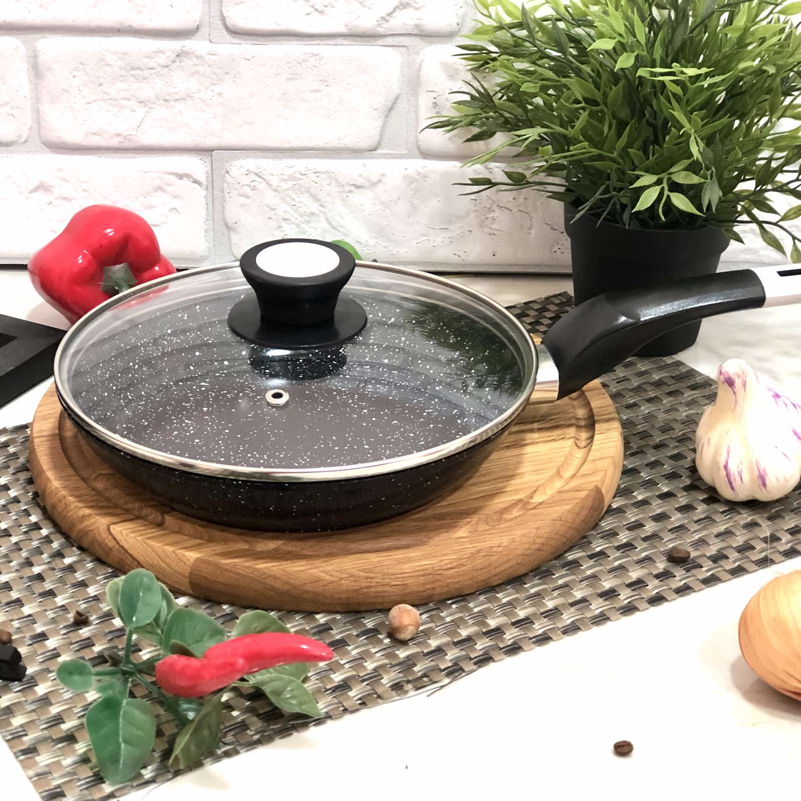 Сковорода 24 см с крышкой, гранитное покрытие A-Plus - 1481 ✅ базовая цена $10.44 ✔ Опт ✔ Скидки ✔ Заходите! - Интернет-магазин ✅ Фортуна-опт ✅