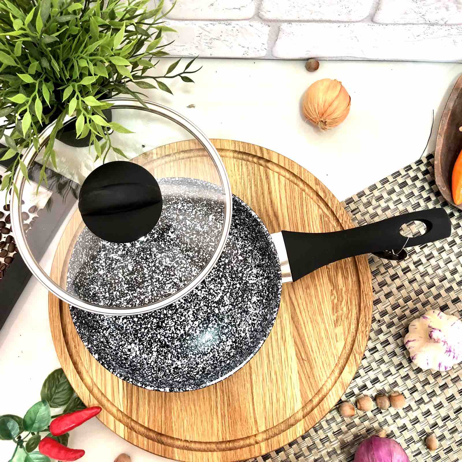 Сковорода с высокими бортами и крышкой Edenberg EB - 3436 - 20см, гранит ✅ базовая цена $13.49 ✔ Опт ✔ Скидки ✔ Заходите! - Интернет-магазин ✅ Фортуна-опт ✅