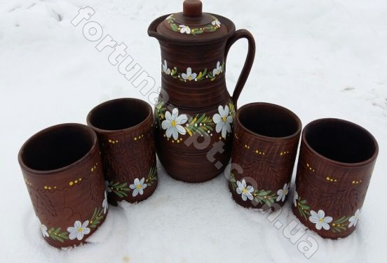 Набор кувшин 3 л + 4 стакана рисованные (красная глина) ➜ Оптом и в розницу ✅ актуальная цена - Интернет магазин ✅ Фортуна ✅