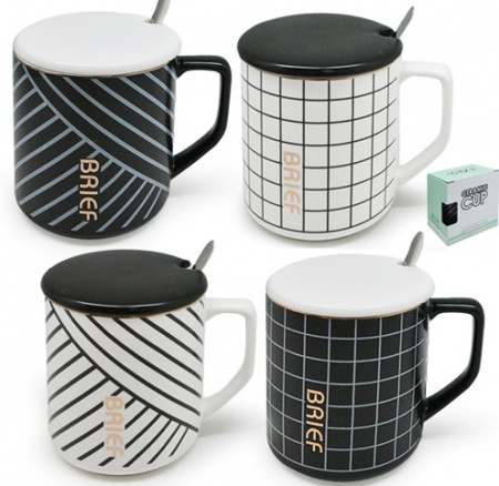 Чашка керамическая с крышкой и ложкой 400 мл "Brief" Stenson - 88542 ✅ базовая цена $4.18 ✔ Опт ✔ Скидки ✔ Заходите! - Интернет-магазин ✅ Фортуна-опт ✅