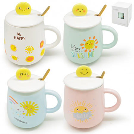 Чашка керамическая с крышкой и ложкой 450 мл "Be Heppy" Stenson - 88532 ✅ базовая цена $5.27 ✔ Опт ✔ Скидки ✔ Заходите! - Интернет-магазин ✅ Фортуна-опт ✅