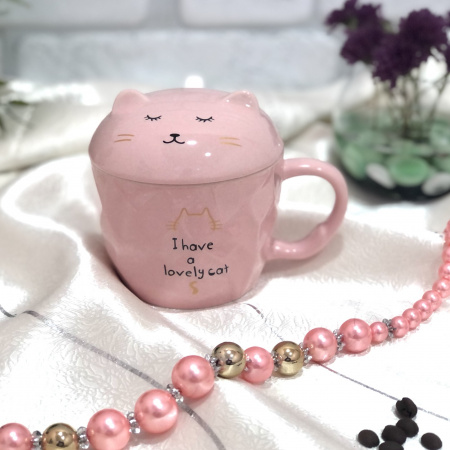 Чашка керамическая с крышкой и ложкой в коробке 300 мл "Кошка" 88403  ✅ базовая цена $4.50 ✔ Опт ✔ Скидки ✔ Заходите! - Интернет-магазин ✅ Фортуна-опт ✅