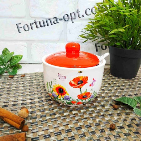 Сахарница керамическая с ложкой 450 мл Полевой мак (d-11см, h-7см) 2242-5 ✅ базовая цена 109.27 грн. ✔ Опт ✔ Скидки ✔ Заходите! - Интернет-магазин ✅ Фортуна-опт ✅