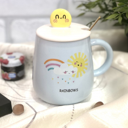 Чашка керамическая с крышкой и ложкой 450 мл "Be Heppy" Stenson - 88532 ✅ базовая цена $5.27 ✔ Опт ✔ Скидки ✔ Заходите! - Интернет-магазин ✅ Фортуна-опт ✅