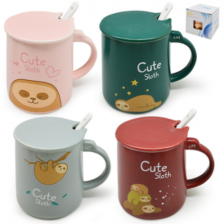 Чашка керамическая с крышкой и ложкой 450 мл "Cute sloth" Stenson - 88526 ✅ базовая цена $4.70 ✔ Опт ✔ Скидки ✔ Заходите! - Интернет-магазин ✅ Фортуна-опт ✅