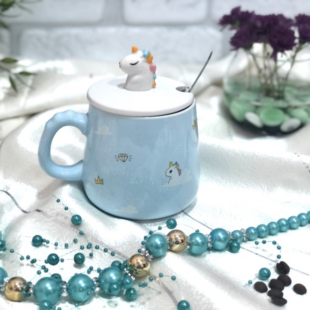 Чашка керамическая с крышкой и ложкой 400 мл "Beby unicorn" Stenson - 00221 ✅ базовая цена $4.20 ✔ Опт ✔ Скидки ✔ Заходите! - Интернет-магазин ✅ Фортуна-опт ✅