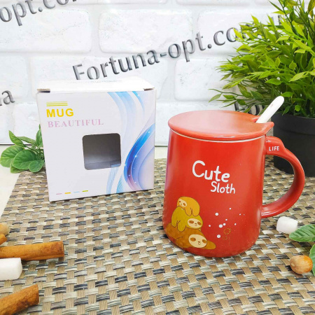 Чашка керамическая с крышкой и ложкой 450 мл "Cute sloth" Stenson - 88526 ✅ базовая цена $4.70 ✔ Опт ✔ Скидки ✔ Заходите! - Интернет-магазин ✅ Фортуна-опт ✅