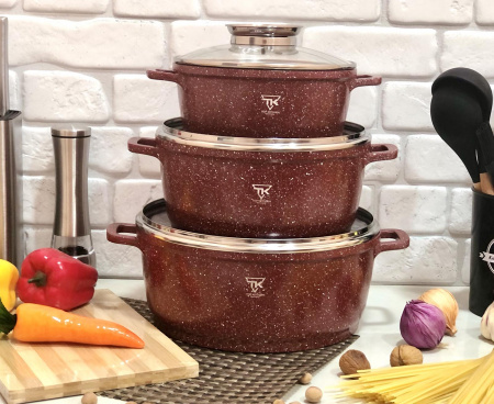 Набор посуды с мраморным покрытием бордо Top Kitchen TK 00021 ✅ базовая цена $51.68 ✔ Опт ✔ Скидки ✔ Заходите! - Интернет-магазин ✅ Фортуна-опт ✅