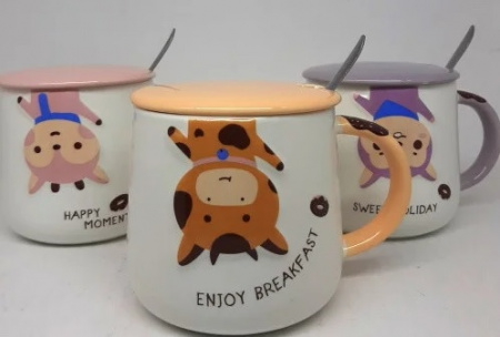 Чашка керамическая с крышкой и ложкой 400 мл "Animals" Stenson - 00203 ✅ базовая цена $3.78 ✔ Опт ✔ Скидки ✔ Заходите! - Интернет-магазин ✅ Фортуна-опт ✅